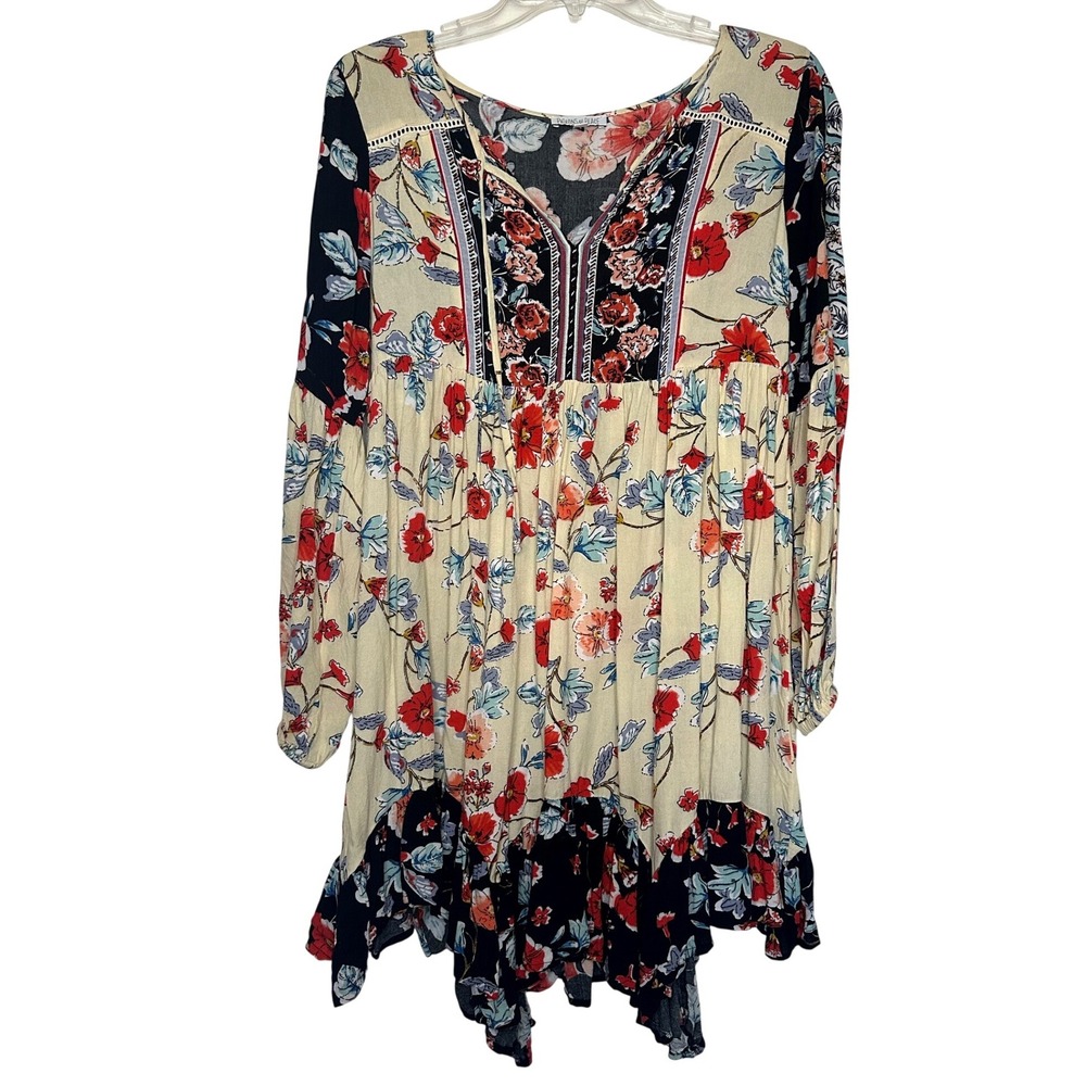 Patrons of Peace Floral Boho Babydoll Dress Long Sleeve Split Neck XS‎